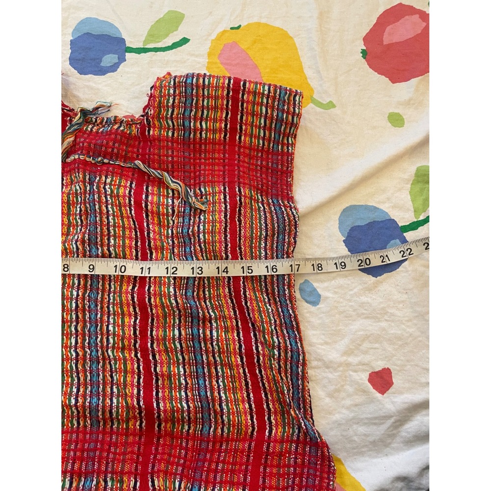 Handwoven vintage Huipil Top Red Multi Color Striped Fringe Boho Folk Art - Picture 4 of 4